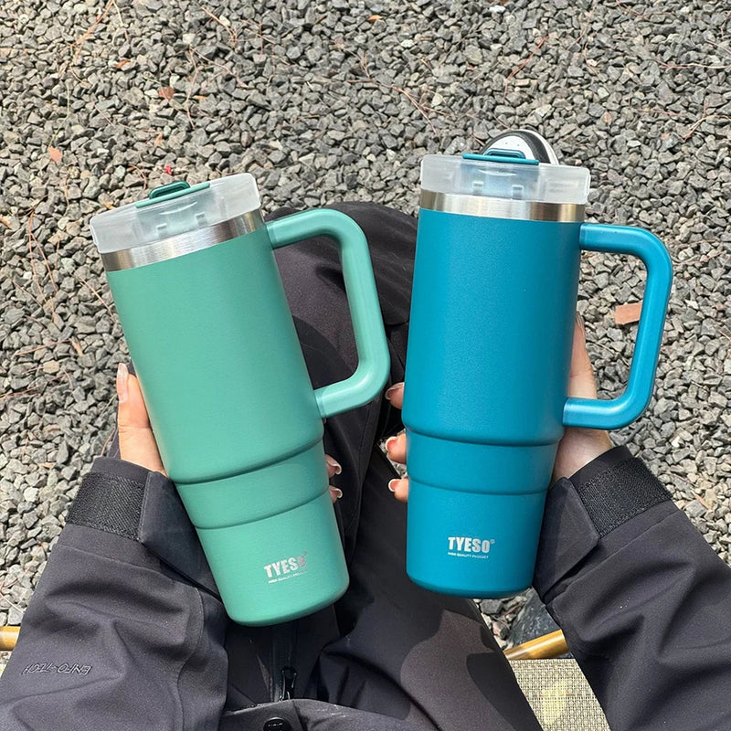 900ml/1200ml Garrafa Tumbler tyeso Caneca de Carro de Aço Sem Teto Com Alça Canudo Térmico Iced Copo de Viagem Isolado a Vácuo Copo de Café Quente.