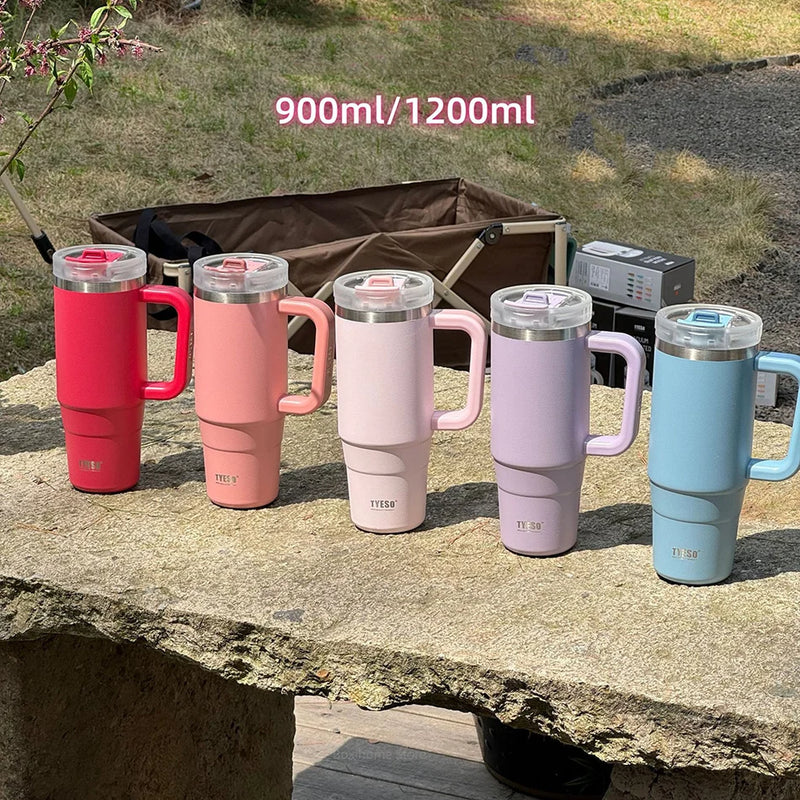 900ml/1200ml Garrafa Tumbler tyeso Caneca de Carro de Aço Sem Teto Com Alça Canudo Térmico Iced Copo de Viagem Isolado a Vácuo Copo de Café Quente.