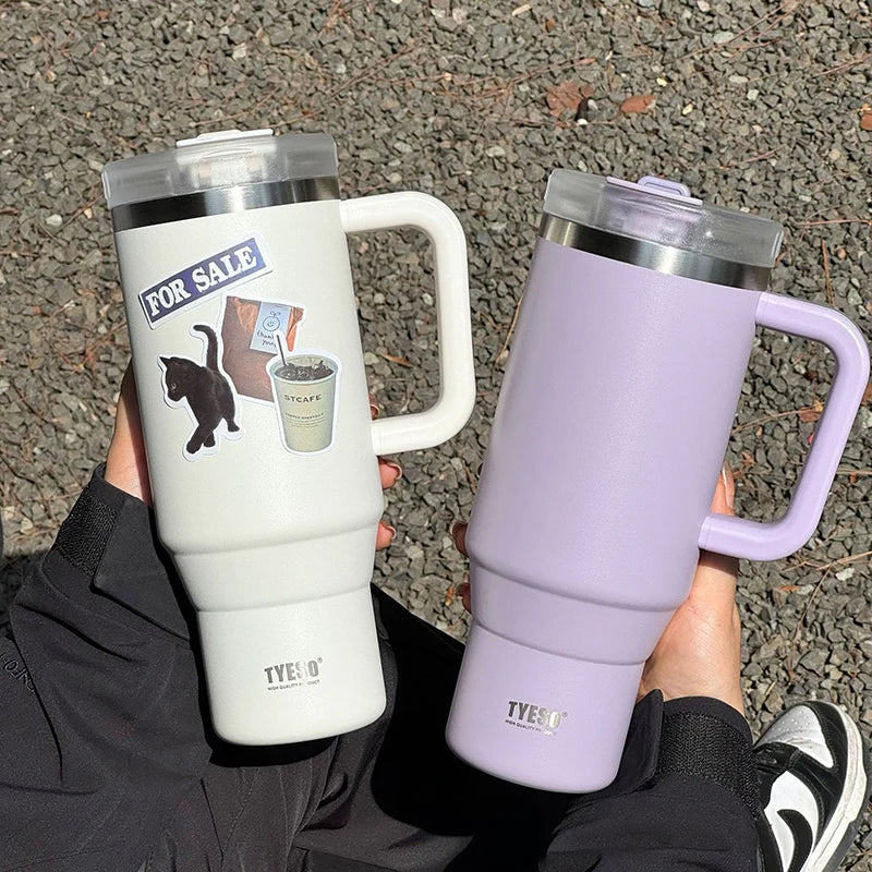 900ml/1200ml Garrafa Tumbler tyeso Caneca de Carro de Aço Sem Teto Com Alça Canudo Térmico Iced Copo de Viagem Isolado a Vácuo Copo de Café Quente.